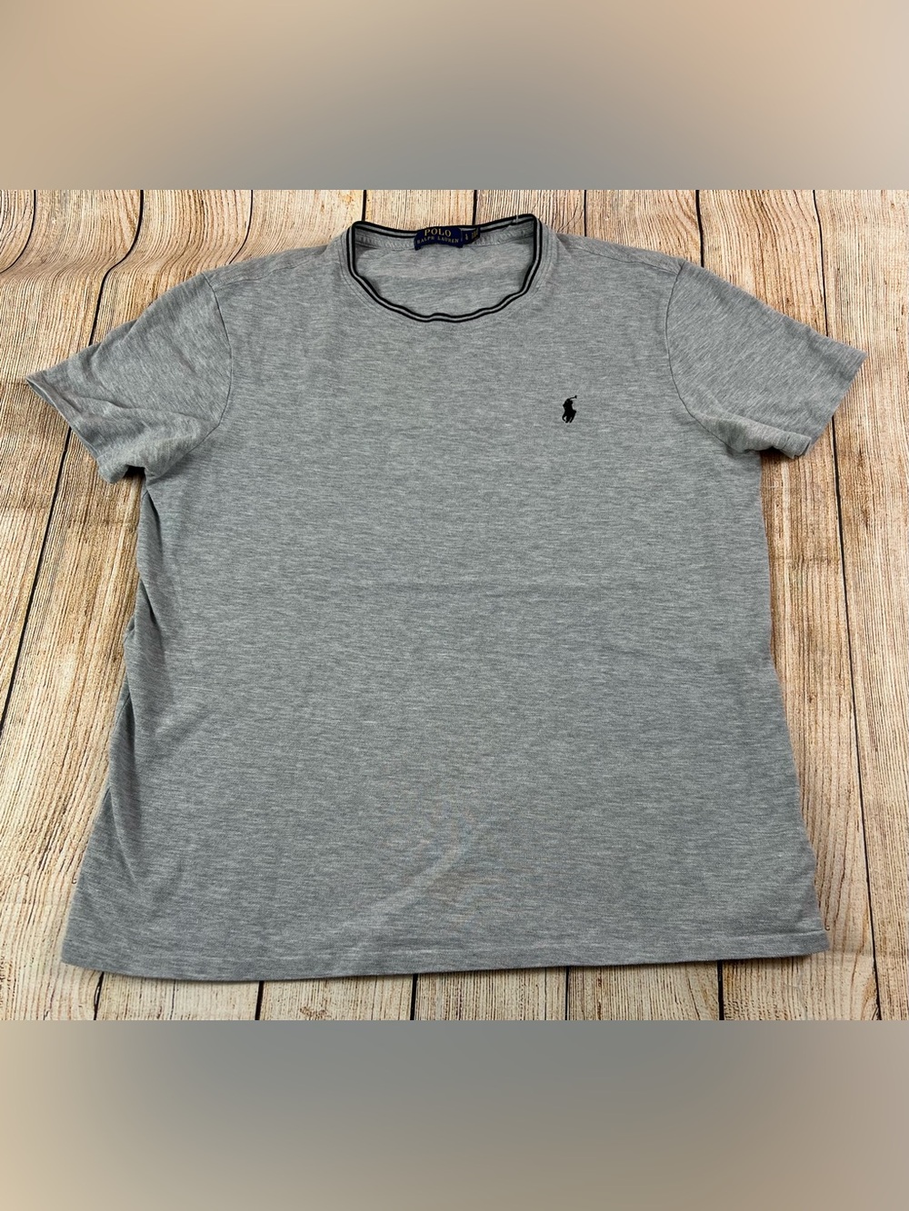 Mens Polo Ralph Lauren Gray Striped Neck Black Pony Logo T Shirt Size Large